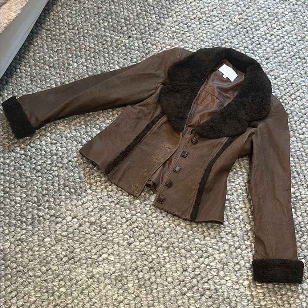 Dorothy Schoelen Silver Collection Brown Faux Fur Trim Blazer Jacket Size 4